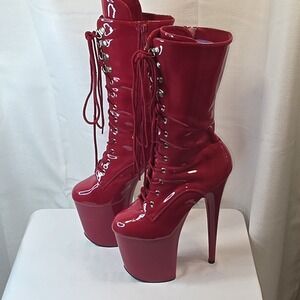 Pleaser Red Patent Platform Lace-Up Ankle Boots